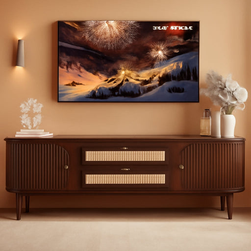 Modern Fluted TV Stand for 75" Tvs, Mid-Century Entertainment Center Tambour Door Media Console TV Cabinet with Rattan-Front Drawer for Living Room, Curved Profile Design