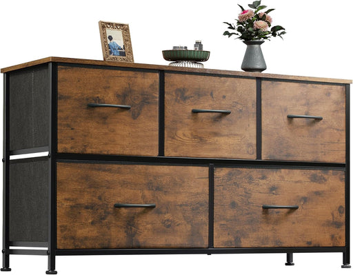 Dresser for Bedroom with 5 Drawers, Wide Chest of Drawers, Fabric Dresser, Storage Organizer Unit with Fabric Bins for Closet, Living Room, Hallway, Rustic Brown Wood Grain Print