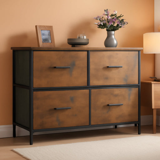 Dresser for Bedroom with 5 Drawers, Wide Chest of Drawers, Fabric Dresser, Storage Organizer Unit with Fabric Bins for Closet, Living Room, Hallway, Rustic Brown Wood Grain Print