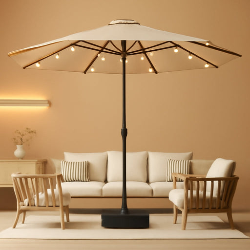 15Ft Large Double Sided Patio Umbrella with 48 Solar LED Lights & Base Included, Heavy Duty Market Table Umbrella with 220Gsm Fade-Resistant Canopy for Commercial & Residential, Deck, Pool, Backyard (Beige)
