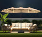 15Ft Large Double Sided Patio Umbrella with 48 Solar LED Lights & Base Included, Heavy Duty Market Table Umbrella with 220Gsm Fade-Resistant Canopy for Commercial & Residential, Deck, Pool, Backyard (Beige)