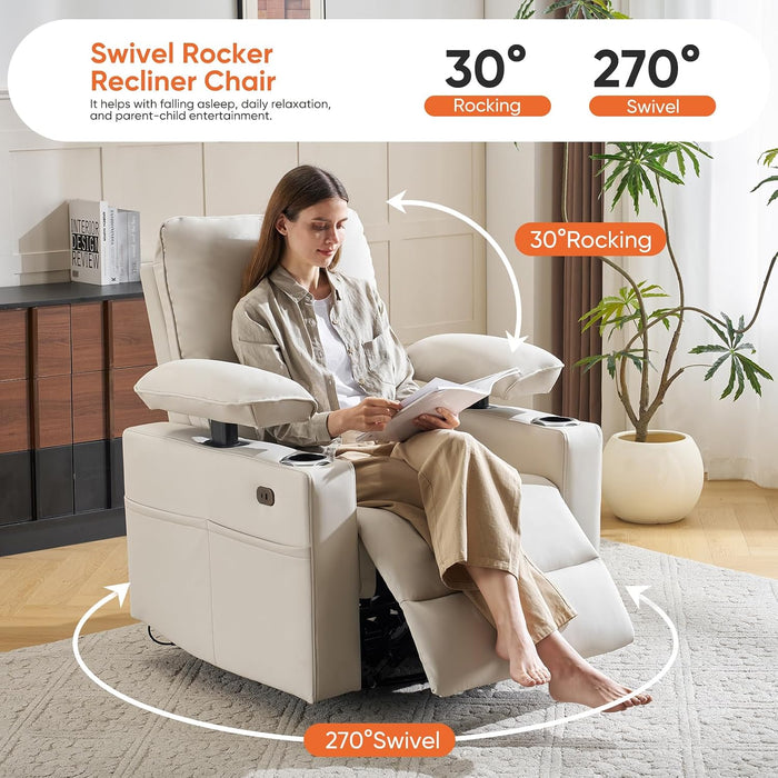 270° Swivel Rocker Recliner with Adjustable Armrests,Oversized Power Nursery Recliner with Heating and Massgae,Rocking Chair Nursery with One-Touch Reset,Double Cup Holder,Faux Leather,Beige