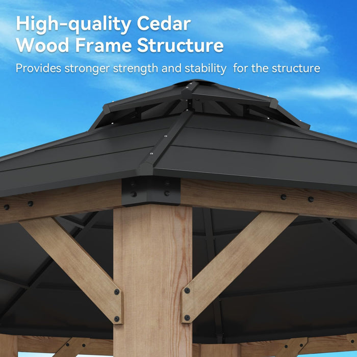 13' X 13' Outdoor Wood Gazebo, Hardtop Gazebo Permanent Wooden Pavilion with Galvanized Steel Double Roof, for Packyard, Garden, Deck, Cedar Wood