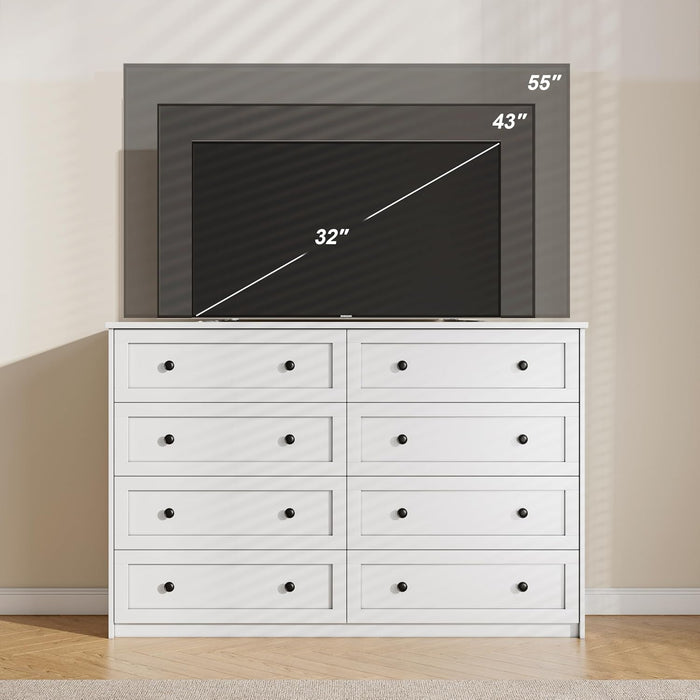 55In White 8 Drawer Double Dresser for Bedroom,Large Wood Storage Chest