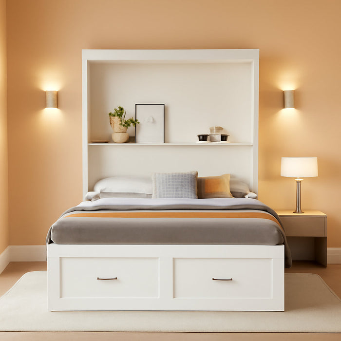 Murphy Bed with Storage & Charging Station, Queen Murphy Cabinet Bed with Large Storage Drawer for Guest Bedroom, Living Room, Office or Small Room, Full Foldable Platform Bed (White, Queen)