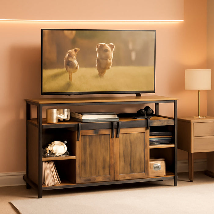 TV Stand for 65 Inch TV, Farmhouse Entertainment Center with Storage, Wood Tall TV Stands for Living Room with Sliding Barn Doors, Rustic Brown