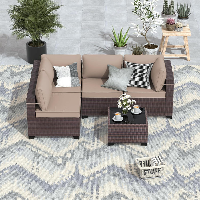 5 Pieces Patio Furniture Set Wicker Patio Conversation Set, Outdoor Sectional Furniture W/Coffee Table & Washable Seat Cushions-Sand