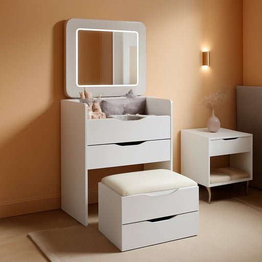 3 in 1 Vanity Desk with Plip Top Mirror and Lights, 18.9" Small Make up Vanity Set with Visible Glass Desktop,Compact Makeup Vanity with 3 Drawers,Dressing Table for Bedroom,White