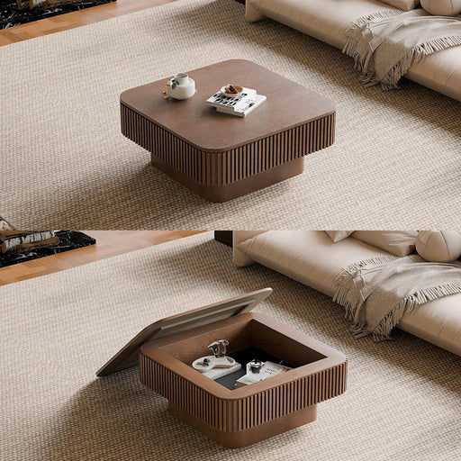 31.5" Square Coffee Table with Hidden Storage Compartment, Modern Handcraft Fluted Drum Coffee Table, Wooden Square Center Table Cocktail Tea Table with Sturdy Pedestal for Living Room,Walnut
