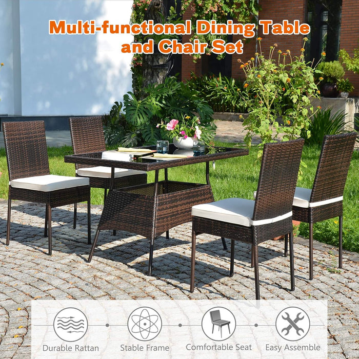 5 Piece Patio Wicker Dining Set, Outdoor Rattan Table and Chairs with W/Tempered Glass Table Top & Padded Cushions, Wicker Patio Conversation Furniture Set for Balcony Patio Garden Poolside