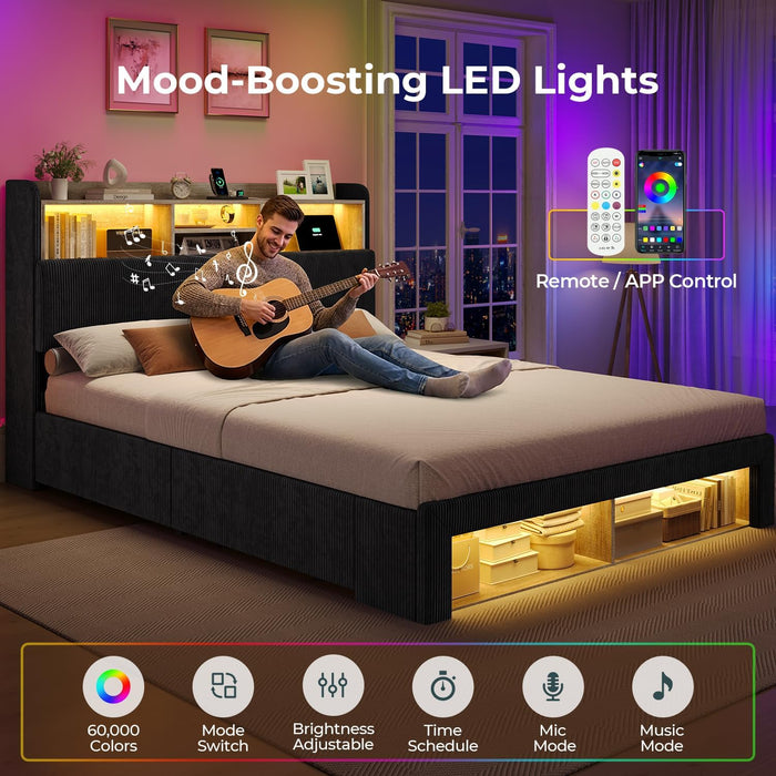 Queen Bed Frame with 4 Storage Drawers, 2 Footboard Cubbies and RGB Lights, Corduroy Upholstered Platform Bed with Charging Station and Storage Headboard, No Box Spring Needed, Black