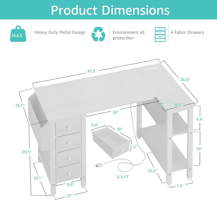 White 47Inch LShaped Corner Desk With ReversibleStorage