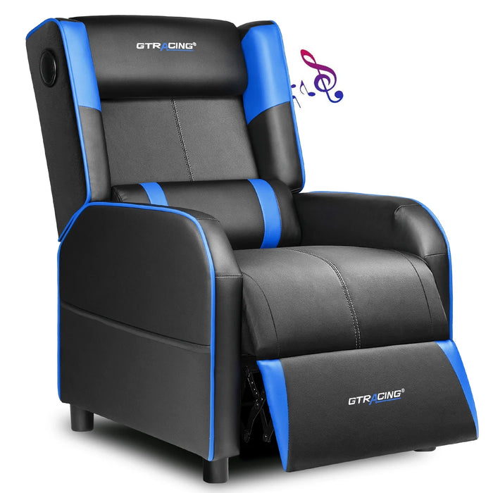 Gaming Recliner Chair Bluetooth Speakers Footrest Racing Style Single Living Room Sofa PU Leather Home Theater Seating Massage Lumbar Support, Blue