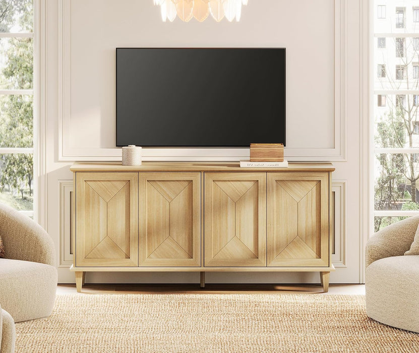 65-Inch Handcrafted Patchwork Decorative Buffet Cabinet with Pop-Up Design Doors,Full Unit Modern Modern Farmhouse Accent Credenza for Coffee Bar, Kitchen, and Living Room, Natural Oak