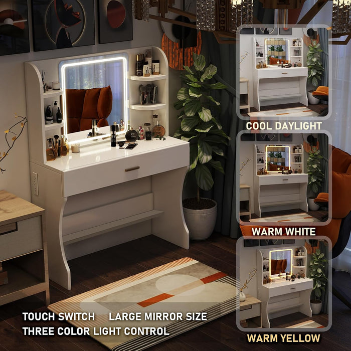 White Makeup Vanity Desk Featuring Illuminated Mirror