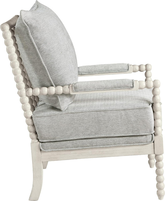 Kaylee Spindle Accent Chair with Antique White Wood Frame, Smoke Grey Fabric