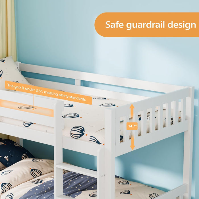 Low Profile White SolidWood TwinOver BunkBed Guardrails