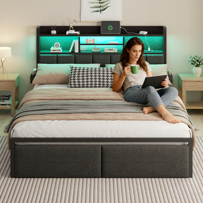 Queen Bed Frame with Storage Drawers, Upholstered Headboard with LED Light & Charging Station, Metal Platform Bed Frame Queen Size, Noise Free, No Box Spring Needed, Black (1200 Lbs Capacity)