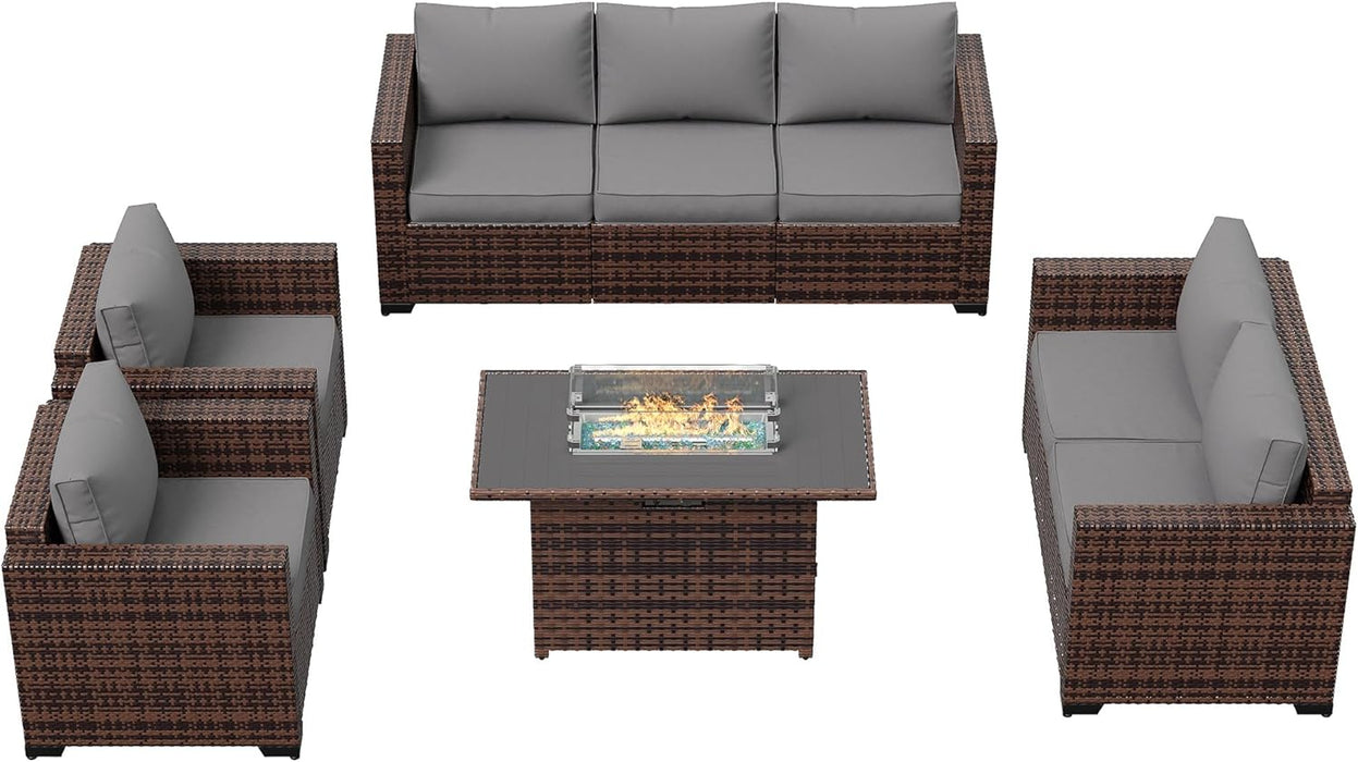 Oversized Outdoor Sectional Sofa Set with 44" Metal Fire Pit Table & Storage Coffee Table - Waterproof Wicker Patio Furniture Set, Modular Furniture with Removable Cushions (Grey)