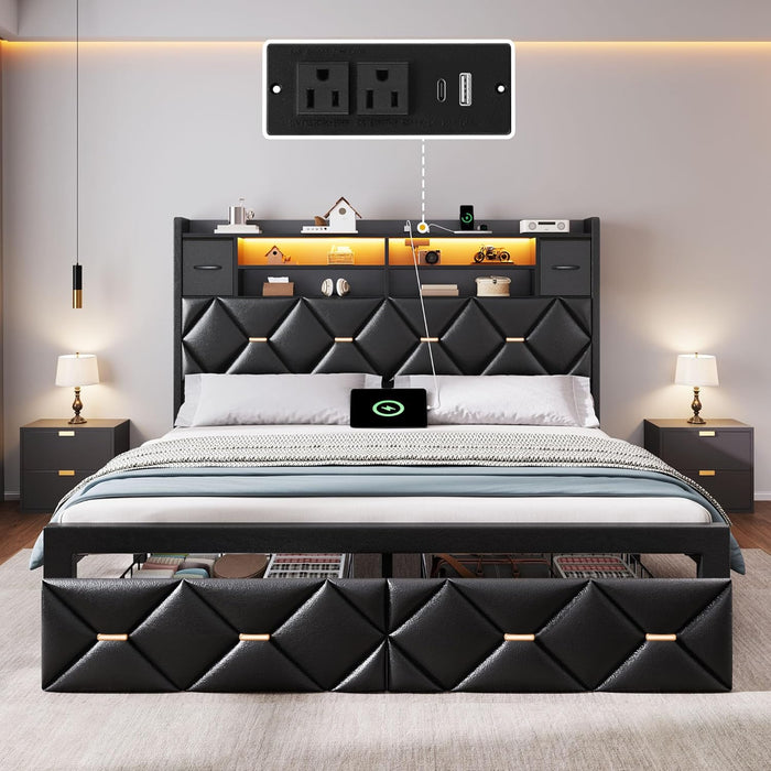 Queen Size Bed Frame with 2 Storage Drawers and Storage Headboard, Upholstered Platform with Charging Station and LED Light, No Box Spring Needed, Noise Free, Easy Assembly, PU Leather Black