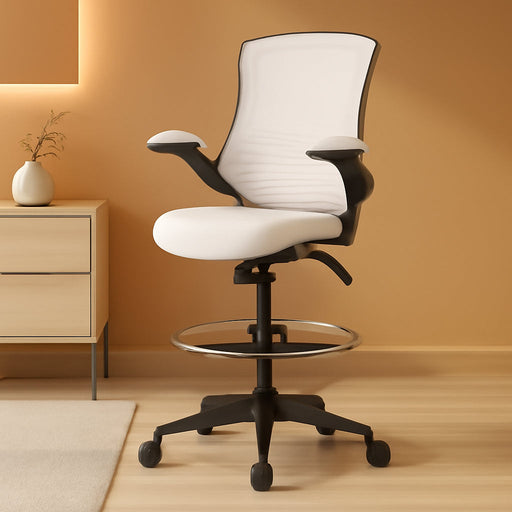 Kelista Mid-Back White Mesh Ergonomic Drafting Chair | Adjustable Foot Ring, Flip-Up Arms | Comfort and Productivity