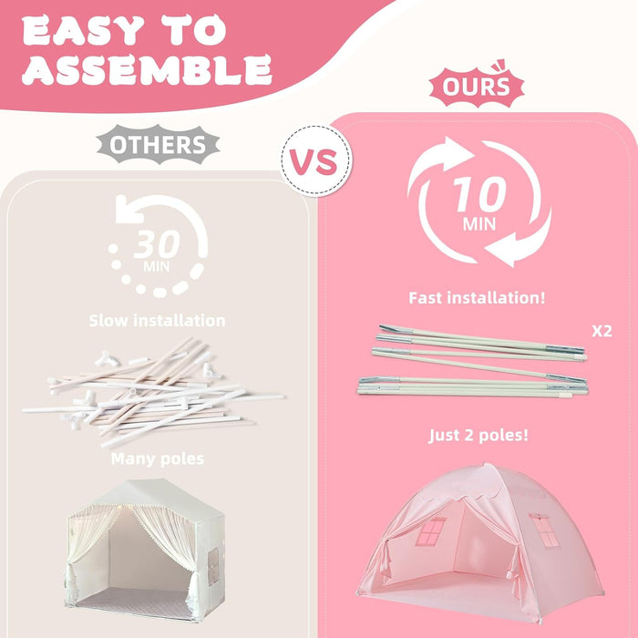 Toddler Bed Tent Canopy: Lights & Flags Indoor Floor Kids Play Tent Playhouse - Portable & Foldable Twin Bunk Bed Curtains - Twin Bed Tent for Girls Gifts (Pink)