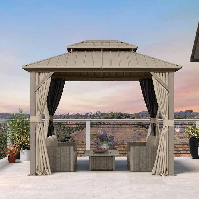 8' X 10' Hardtop Gazebo, Champagne Outdoor Aluminum Gazebo with Galvanized Steel Double Roof, Curtains and Netting for Patio Lawn and Garden