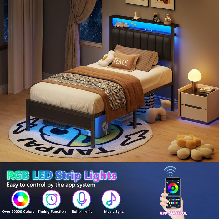 Twin Size Bed Frame with Charging Station and LED Lights