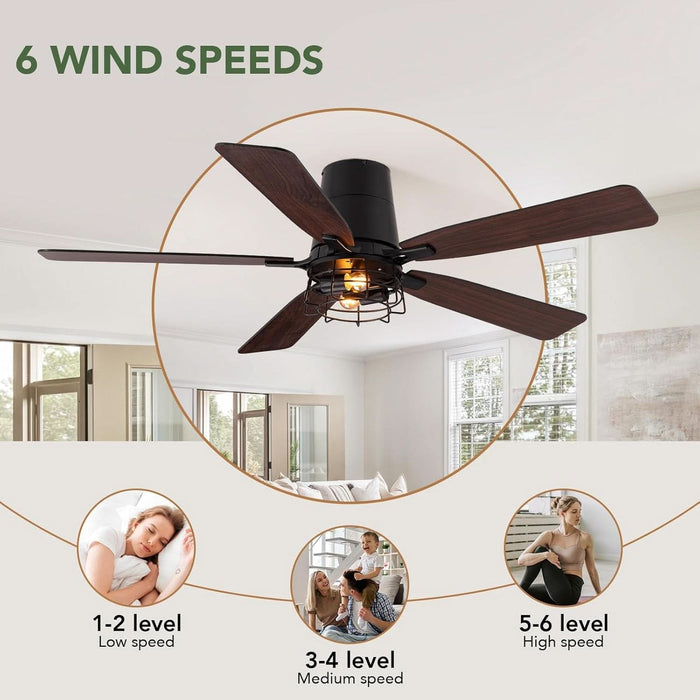 52 Inch Ceiling Fans with Lights, Farmhouse Ceiling Fan with Lights and Remote, Noiseless DC Motor, Black Flush Mount Ceiling Fan for Bedroom Living Room Indoor Outdoor