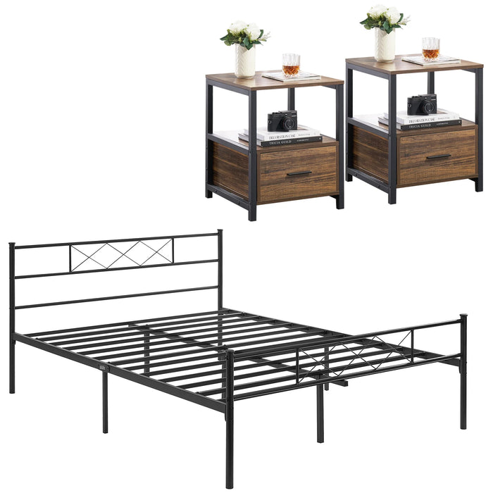 3-Piece Modern Bedroom Sets Include Full Bed Frame + 2 Brown Nightstands