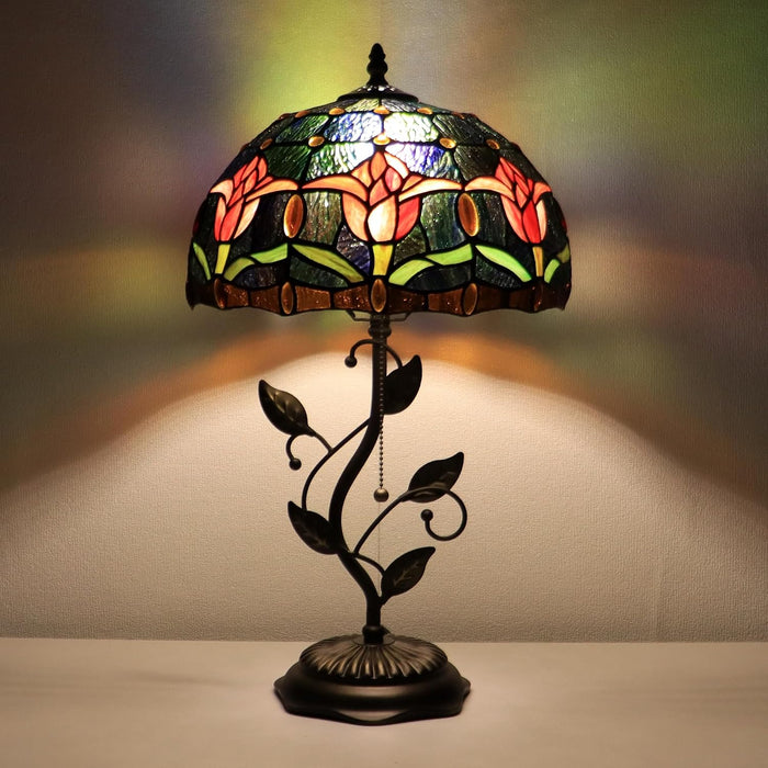Tiffany Style Red Tulip Stained Glass Table Lamp 19 Inch