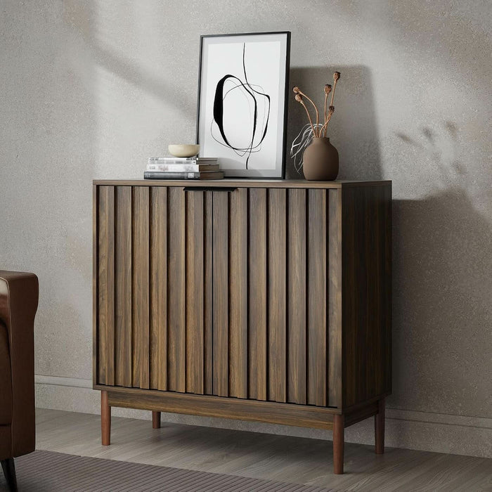 Fluted Buffet Cabinet with Storage, Small Accent Cabinet, Walnut