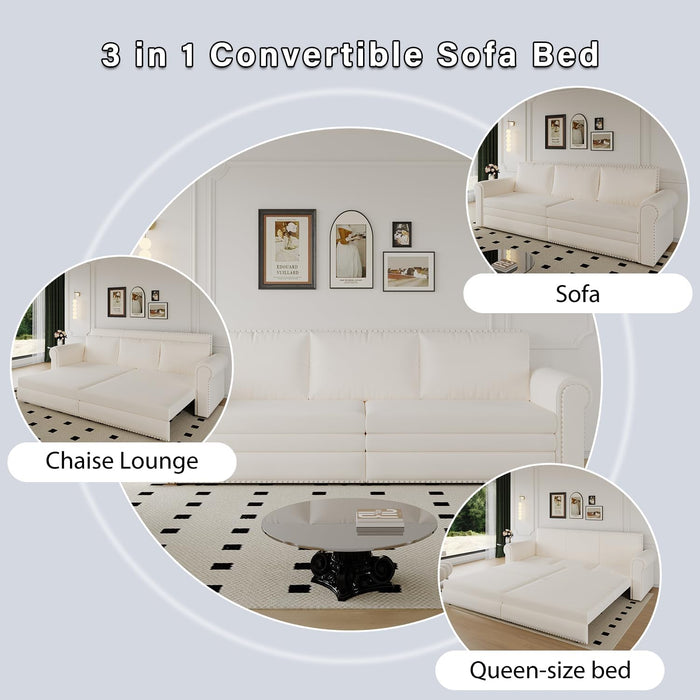 King Size Multifunctional Sleeper Sofa Beige Velvet