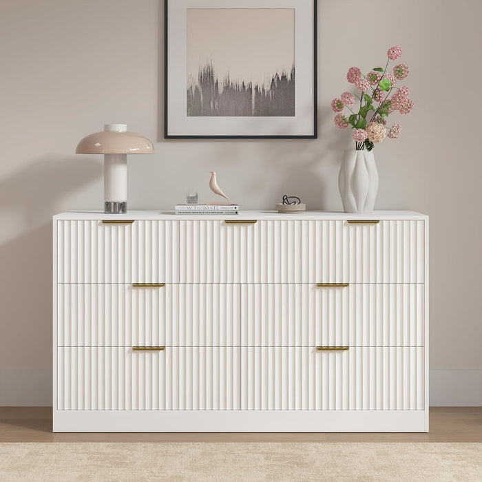 White 7 Drawer Dresser for Bedroom, 55" Wide Fluted Chest of Drawers with Gold Metal Handles, Modern Wood Dresser Closet Storage Organizer Mid Century TV Stand for Living Room Hallway