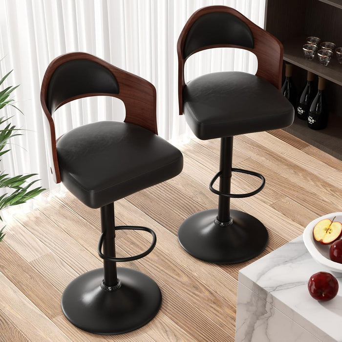Modern Swivel Bar Stools Set of 2, Wooden Upholstered PU Leather Barstools with Back & Footrest, Counter Height Bar Chairs for Kitchen Island, Black