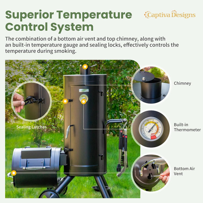 Charcoal Vertical Smoker Grill and Offset Smoker Grill Combo, Extra Large Outdoor Barrel BBQ Meat Smoker with 5 Removable Smoking Grates & Built-In Hooks for Various Meat Foods