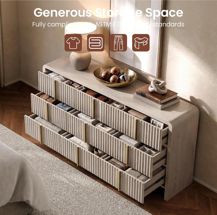 Fluted 9 Drawer Dresser for Bedroom, 64.2" Wide White Chest of Drawers, Modern Wood Storage Cabinet with Metal Handles, Anti-Tip Clothes Organizer, Grey