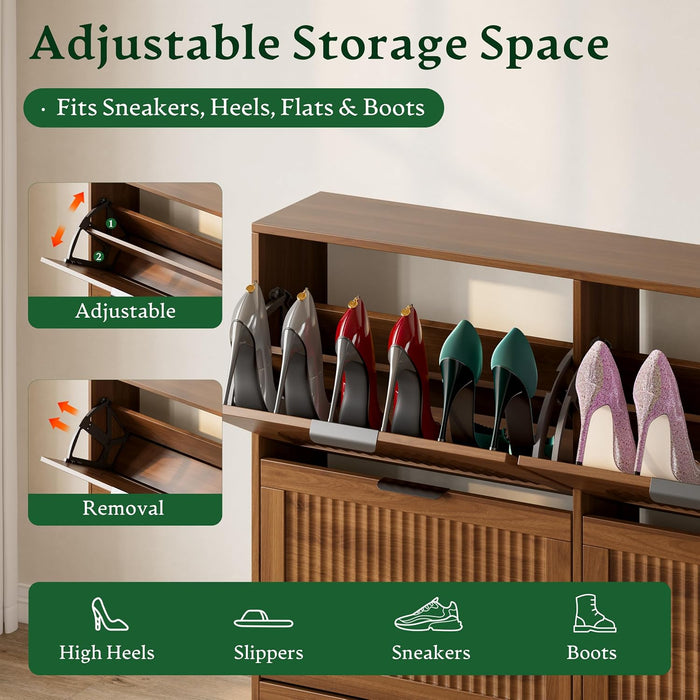Fluted Shoe Storage Cabinet for Entryway with 4 Flip Drawers, Walnut