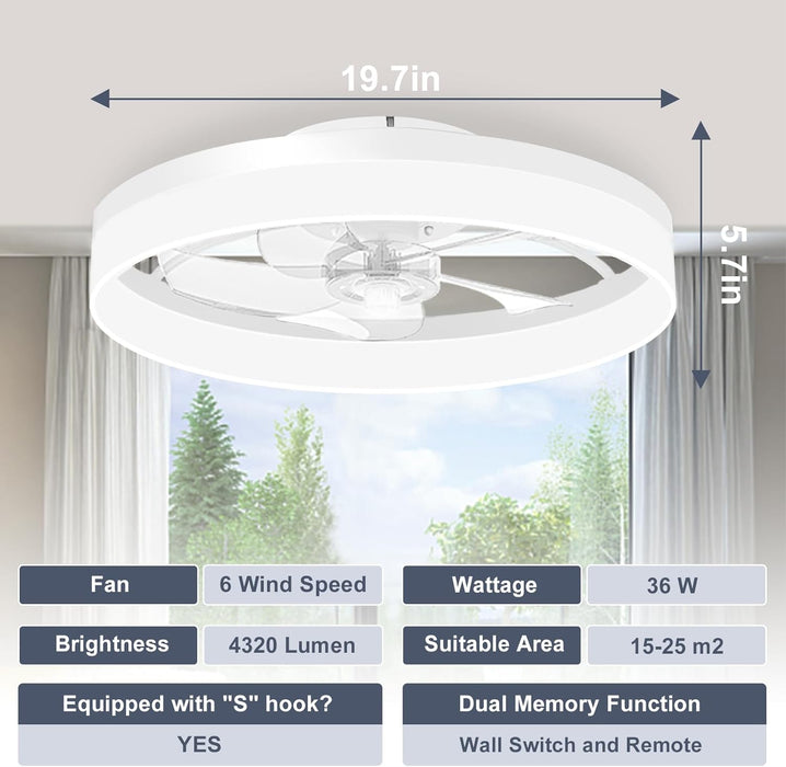 Low Profile Ceiling Fans with Lights and Remote, 19.7In Fandelier Ceiling Fan Flush Mount, 3000K-6500K Smart Bladeless LED Fan Light, White Modern Ceiling Fans with Lights for Bedroom