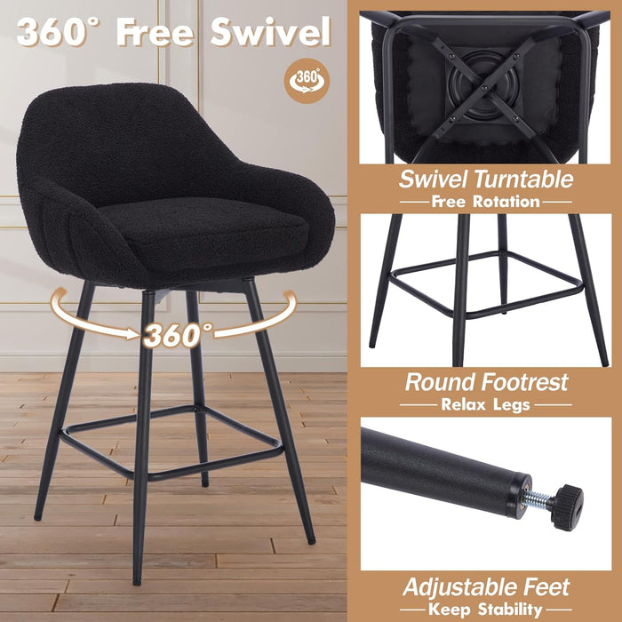 Modern Swivel Bar Stools Set of 2, 26" Counter Height Bar Stools for Kitchen Island, Upholstered Sherpa Fabric Barstools Island Chairs with Backs and Metal Legs, Black