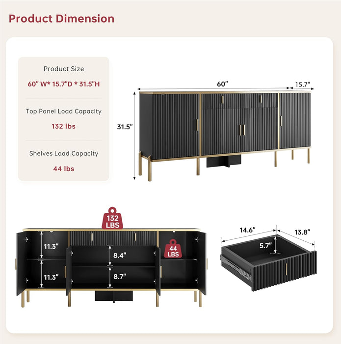 60" Fluted Buffet Cabinet with Storage, Modern Buffets & Sideboard with 2 Drawers, 4 Doors and Adjustable Shelves, Accent Cabinet for Kitchen, Living Room, Hallway, Black