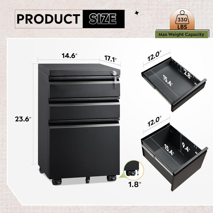 3 Drawer File Cabinet with Lock, Fully Assembled except Casters