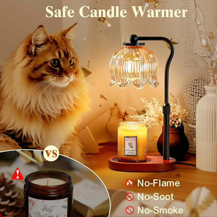 Candle Warmer Lamp with Timer & Stepless Dimming, Height Adjustable Electric Wax Warmer for Jar Candles, Flower Wax Melter with Wood Base, Gifts for Women Home Decor, Walnut Wood