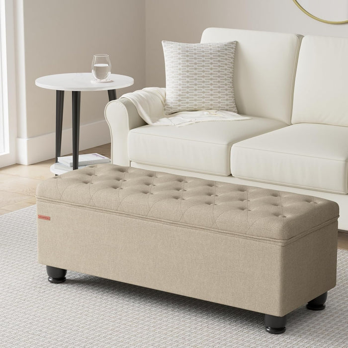 Storage Ottoman, Storage Bench, Tufted Entryway Bedroom Bench, 17.7 X 46.5 X 17.7 Inches, Hinges Easy Lid Operation, Wooden Legs, Linen-Look Cover, Loads 330 Lb, Camel Brown ULOM070K01