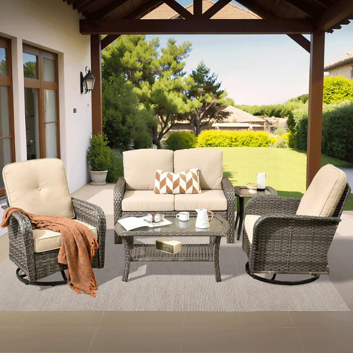 5 Pieces Patio Furniture Set, Outdoor Wicker Sofa with Swivel Chairs, Coffee Table, All Weather High Back Rattan Loveseat Couch with Comfy Cushions, Beige