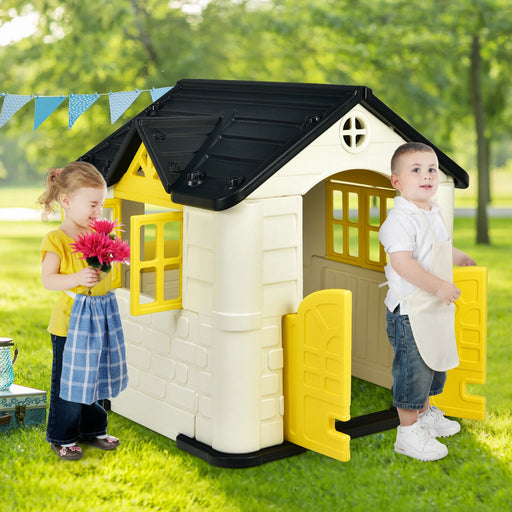 Kid'S Playhouse Games Cottage W/ 7 PCS Toy Set & Waterproof Cover Yellow