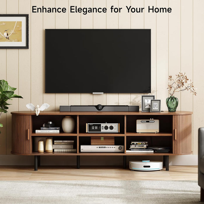 70.8" TV Stand with Power Outlet for Tvs up to 75 Inch, Entertainment Center with Storage and Adjustable Shelves, Modern Media Console with Sliding Doors for Living Room, Walnut