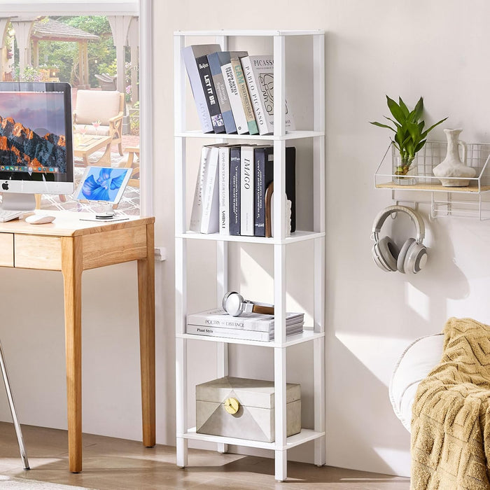 54In Tall Bookshelf 5-Tier Small Narrow Bookcase, Skinny Book Shelf for Small Space, Farmhouse Slim Shelf with Storage, Wood Freestanding Display Thin Bookshelves for Living Room, Office, White