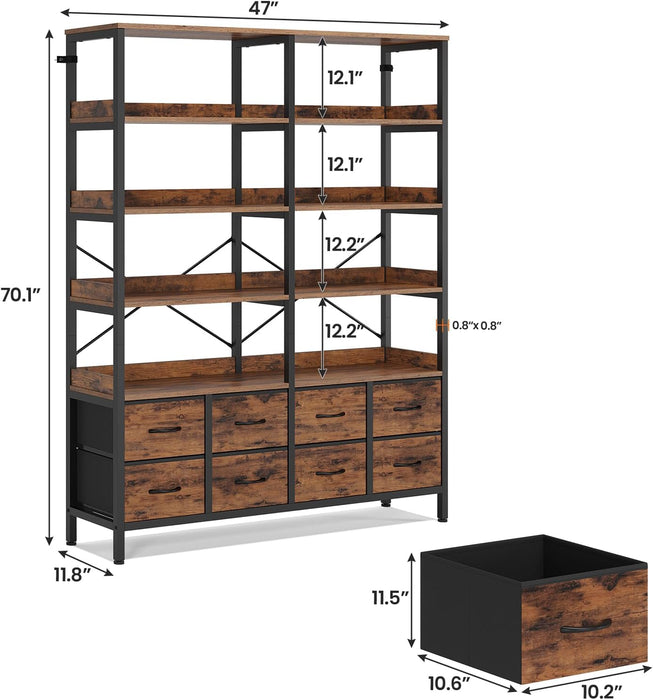 Industrial Seven Tier Bookshelf With Fabric Drawers
