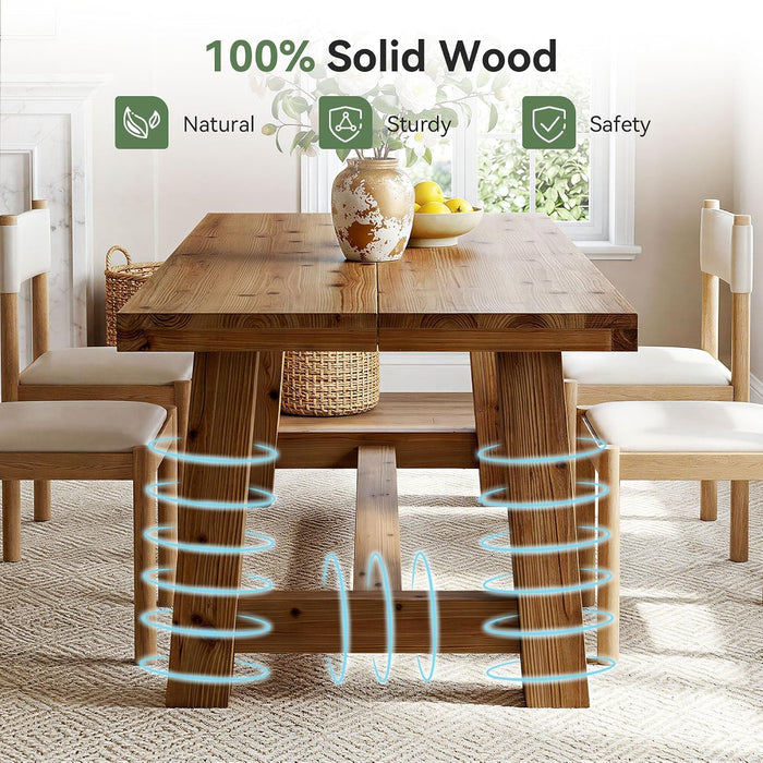 63-Inch Solid Wood Dining Table, Farmhouse Kitchen Table for 4-6 People, Rectangular Wooden Dinner Table with Thick Top & Trestle Base,Natural Wood